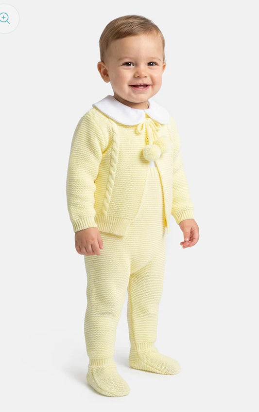 Lemon knitted baby set with pom pom cardigan