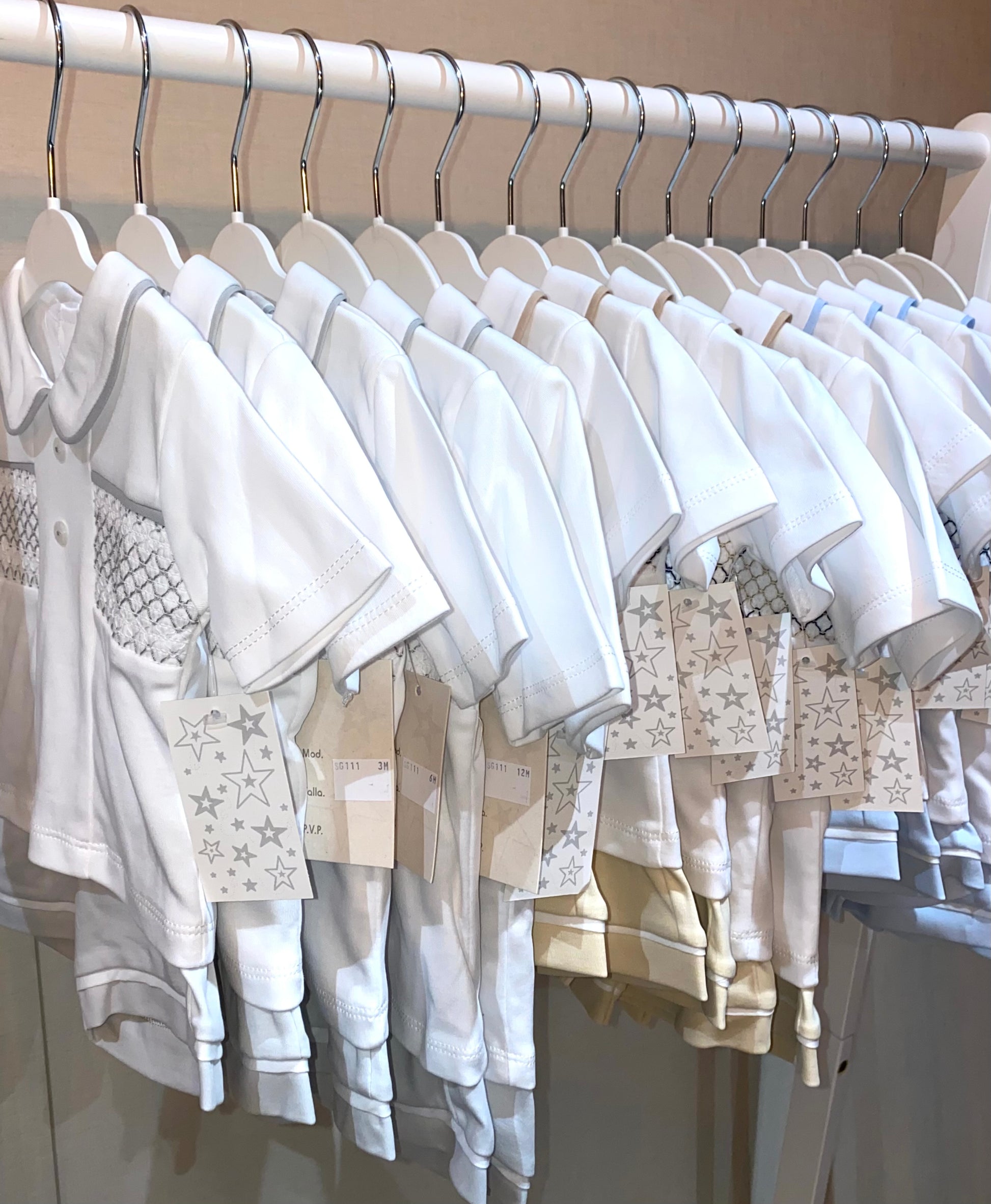 Traditional baby boys shorts set with Peter Pan collar and smocking details