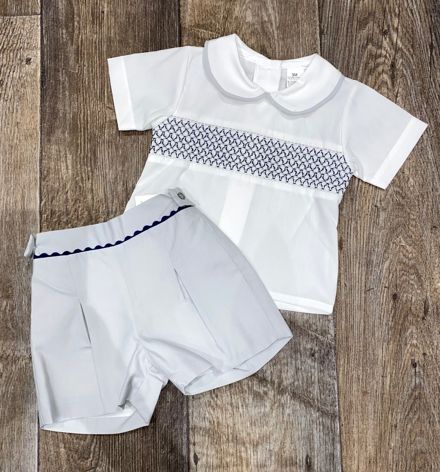 Traditional Spanish smocked white baby shirt and grey shorts set