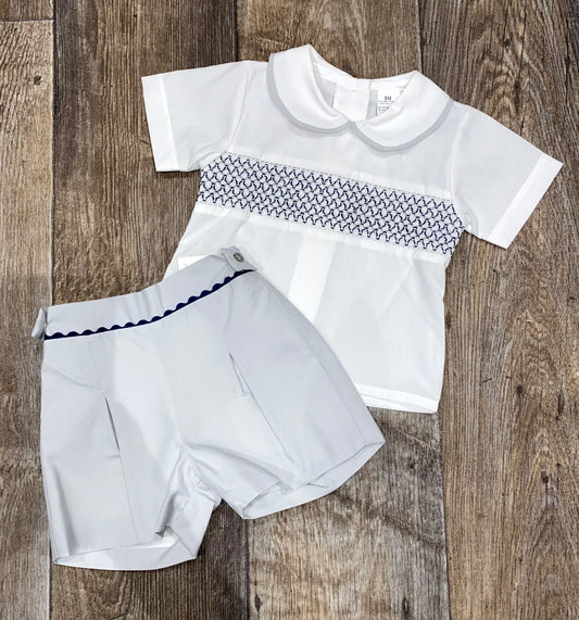 Traditional Spanish smocked white baby shirt and grey shorts set