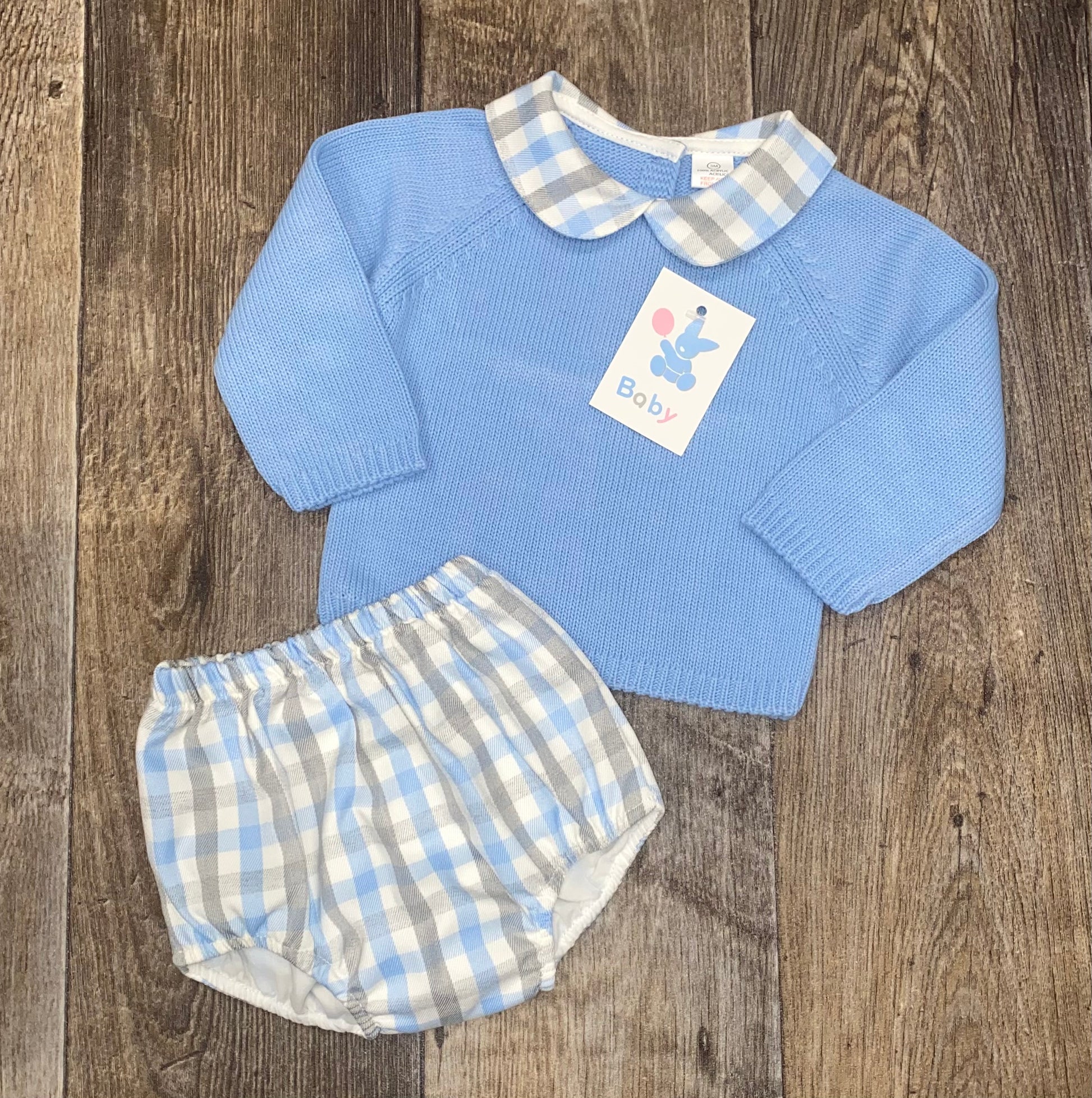 Traditional Spanish blue knit baby top and check jam pants set