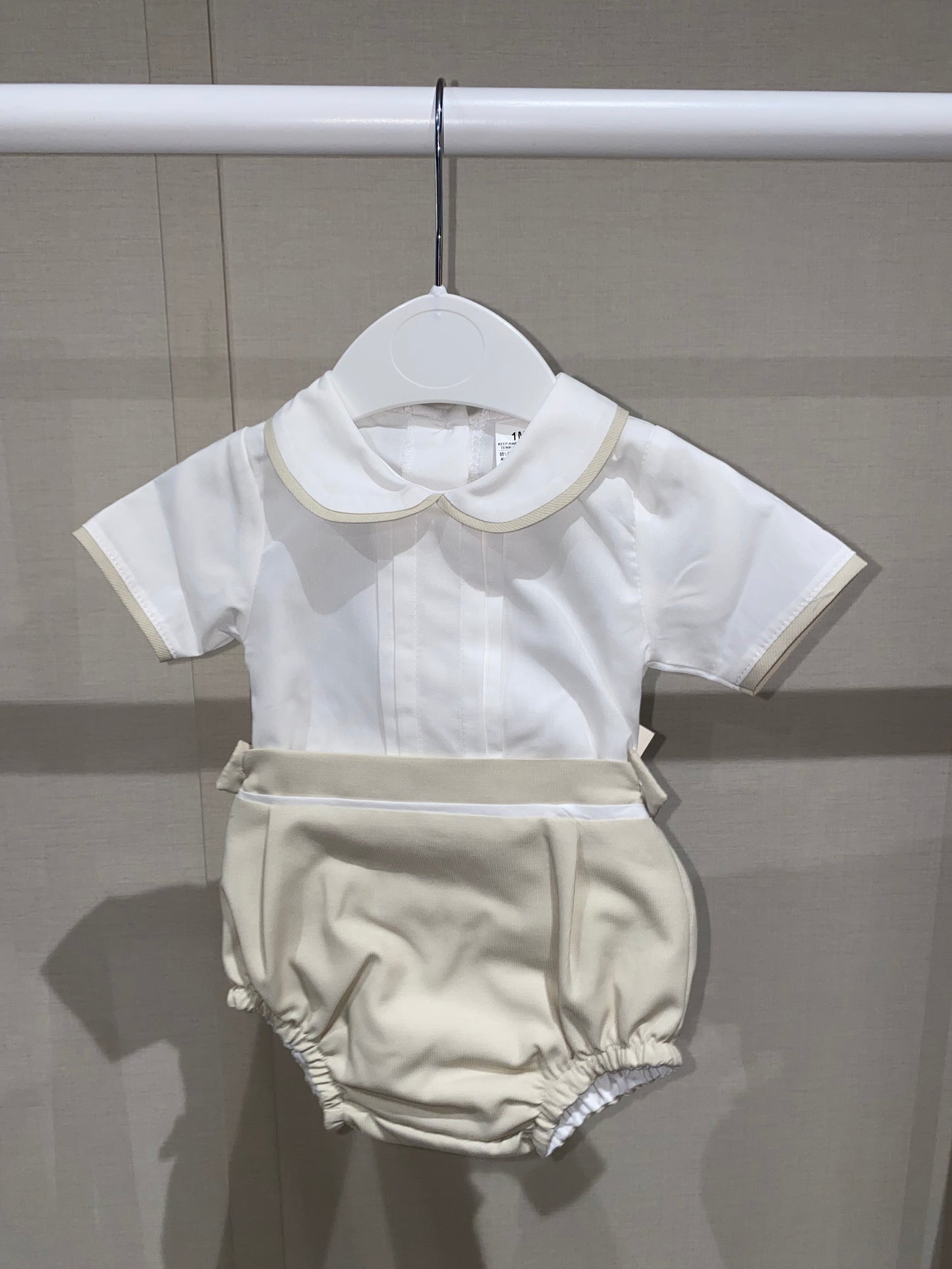 Cream baby boys short set with Peter Pan collar trim