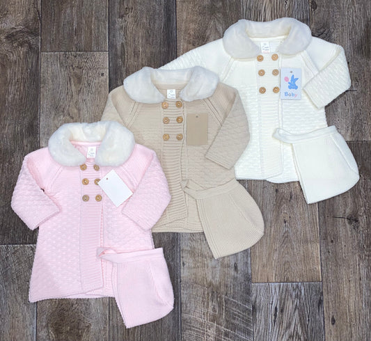 Traditional Spanish knit baby coat and hat set with faux fur collar