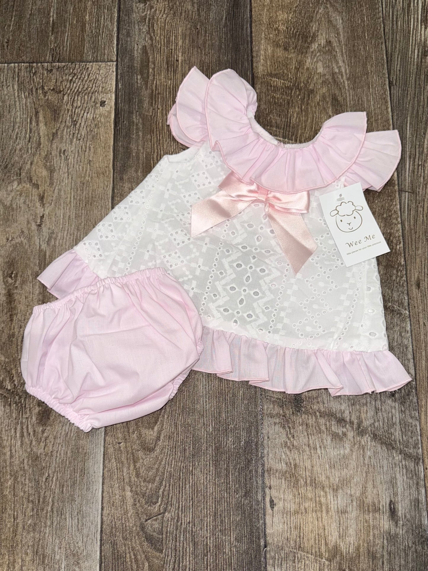 wee me white broderie anglaise dress with pink ruffle detail
