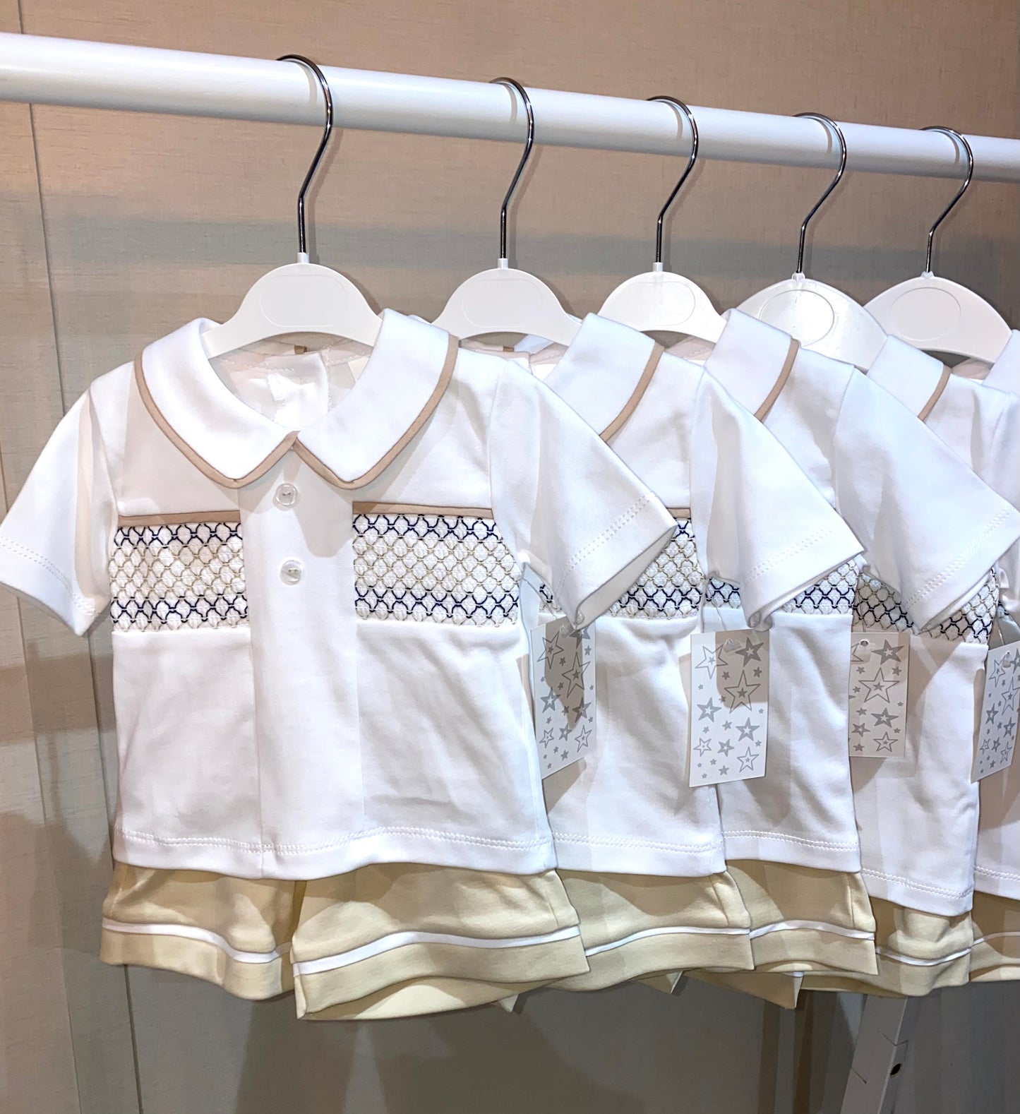 beige Traditional baby boys smocked shorts set