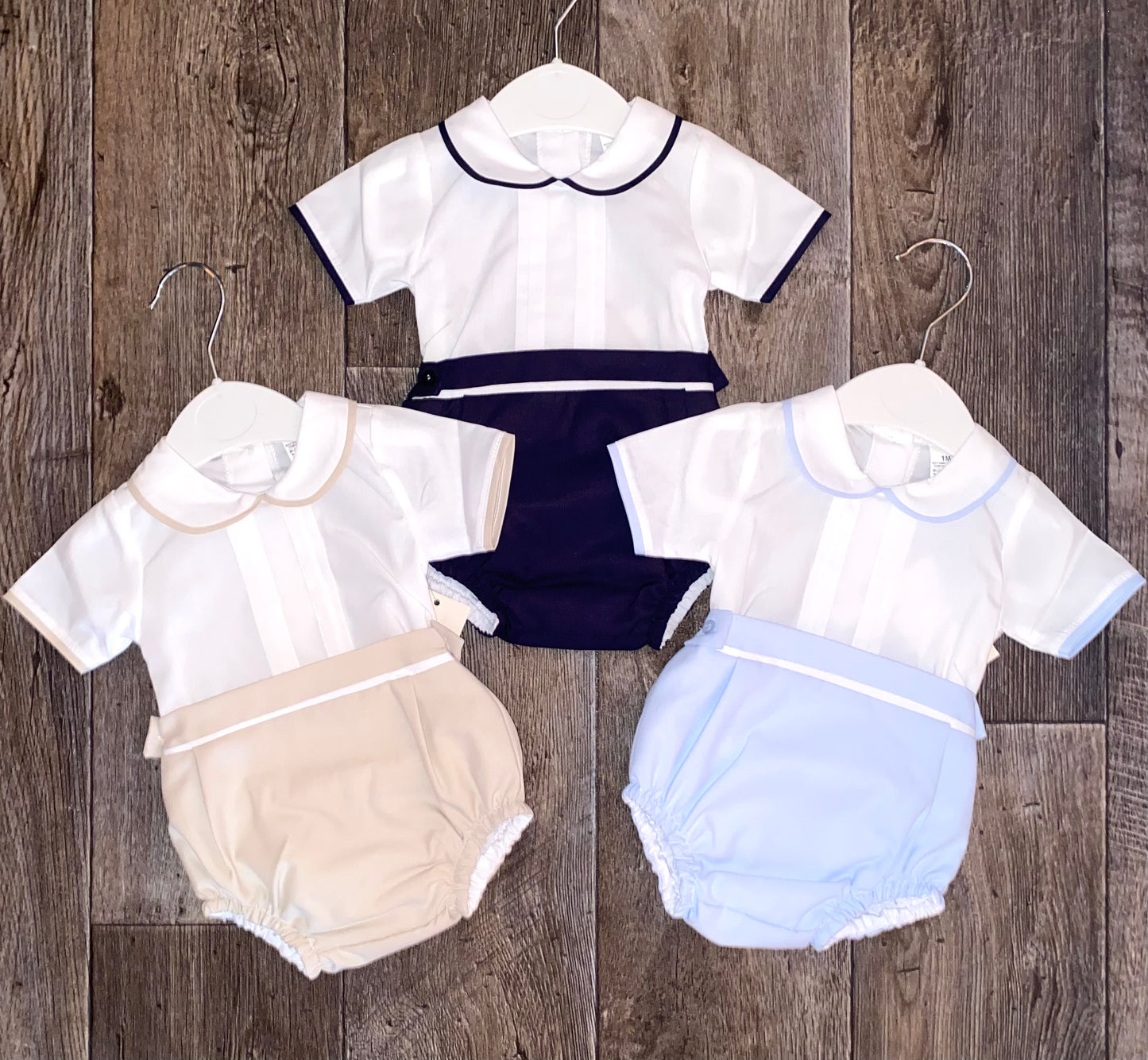 traditional baby boys romper occasion outfit in cream, blue and navy