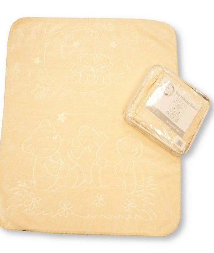 cream plush baby blanket with embossed star and teddy design