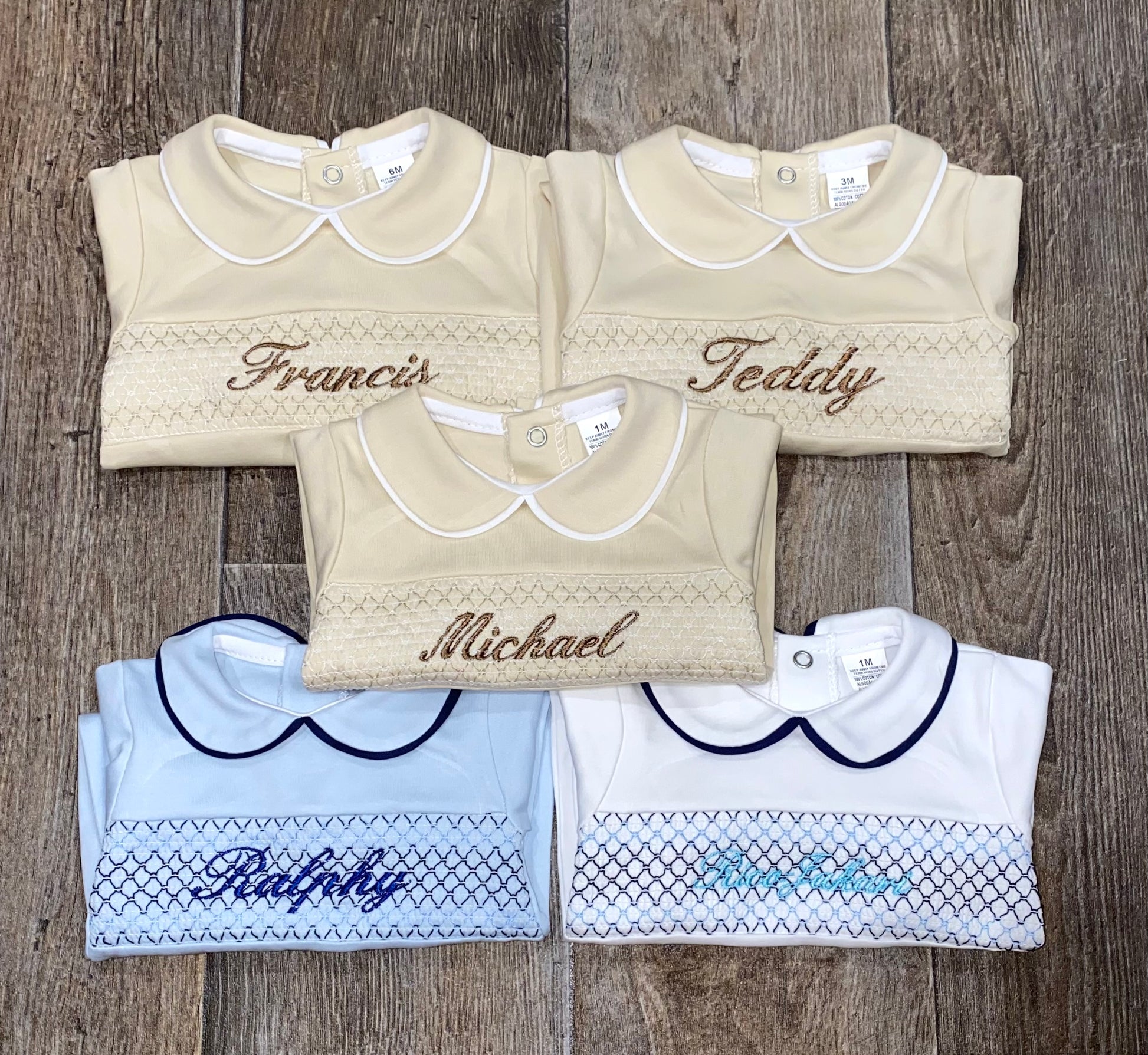 Personalised embroidered Spanish smocked baby grow with Peter Pan collar