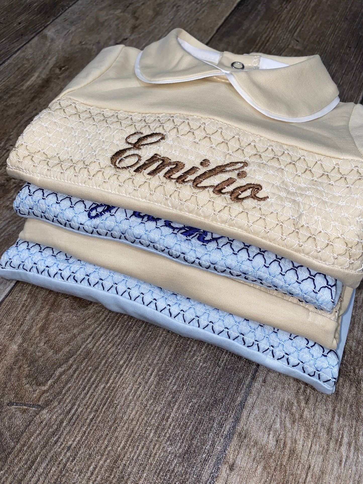Personalised Spanish smocked baby sleepsuit with Peter Pan collar