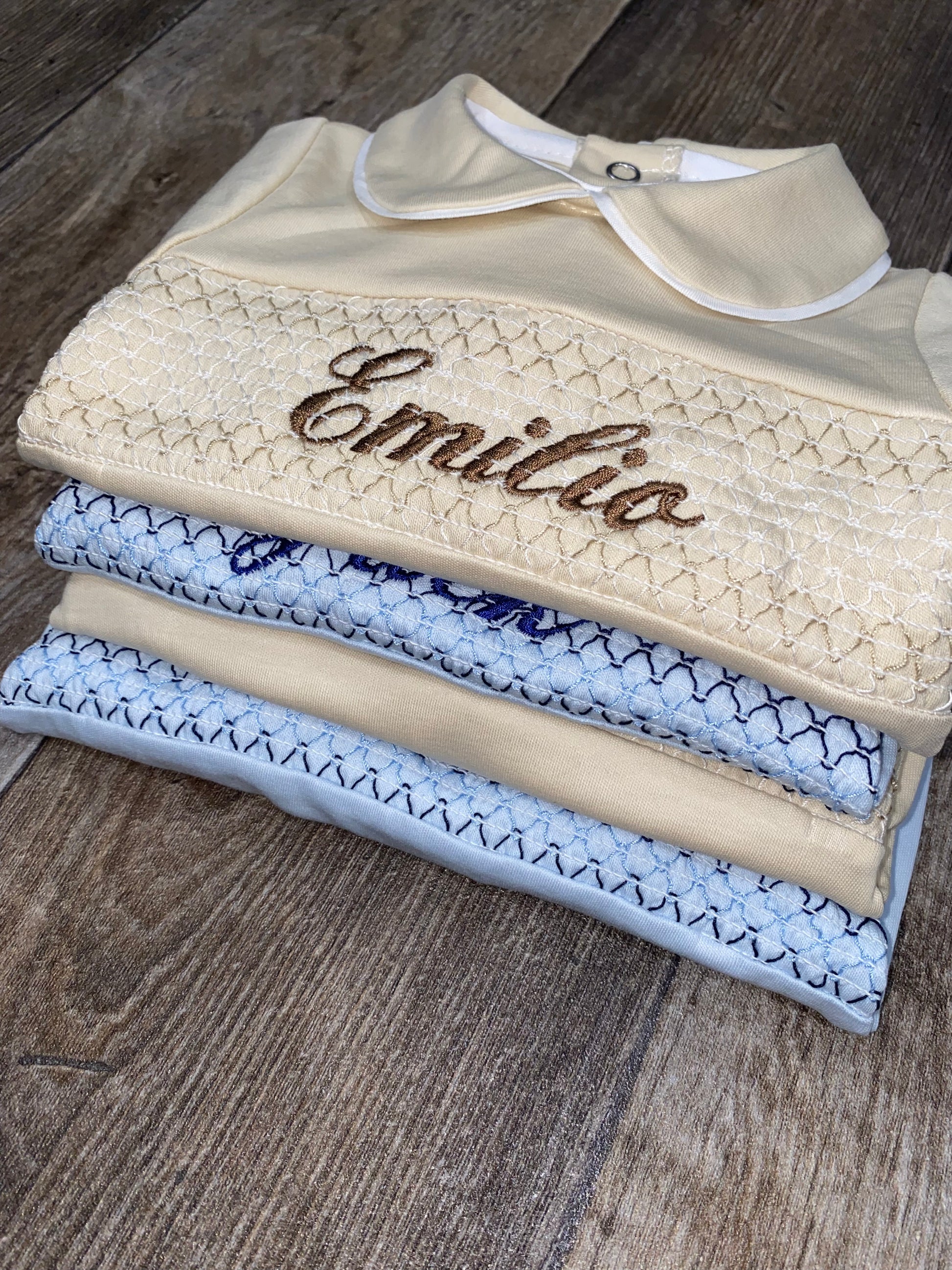Personalised Spanish smocked baby sleepsuit with Peter Pan collar