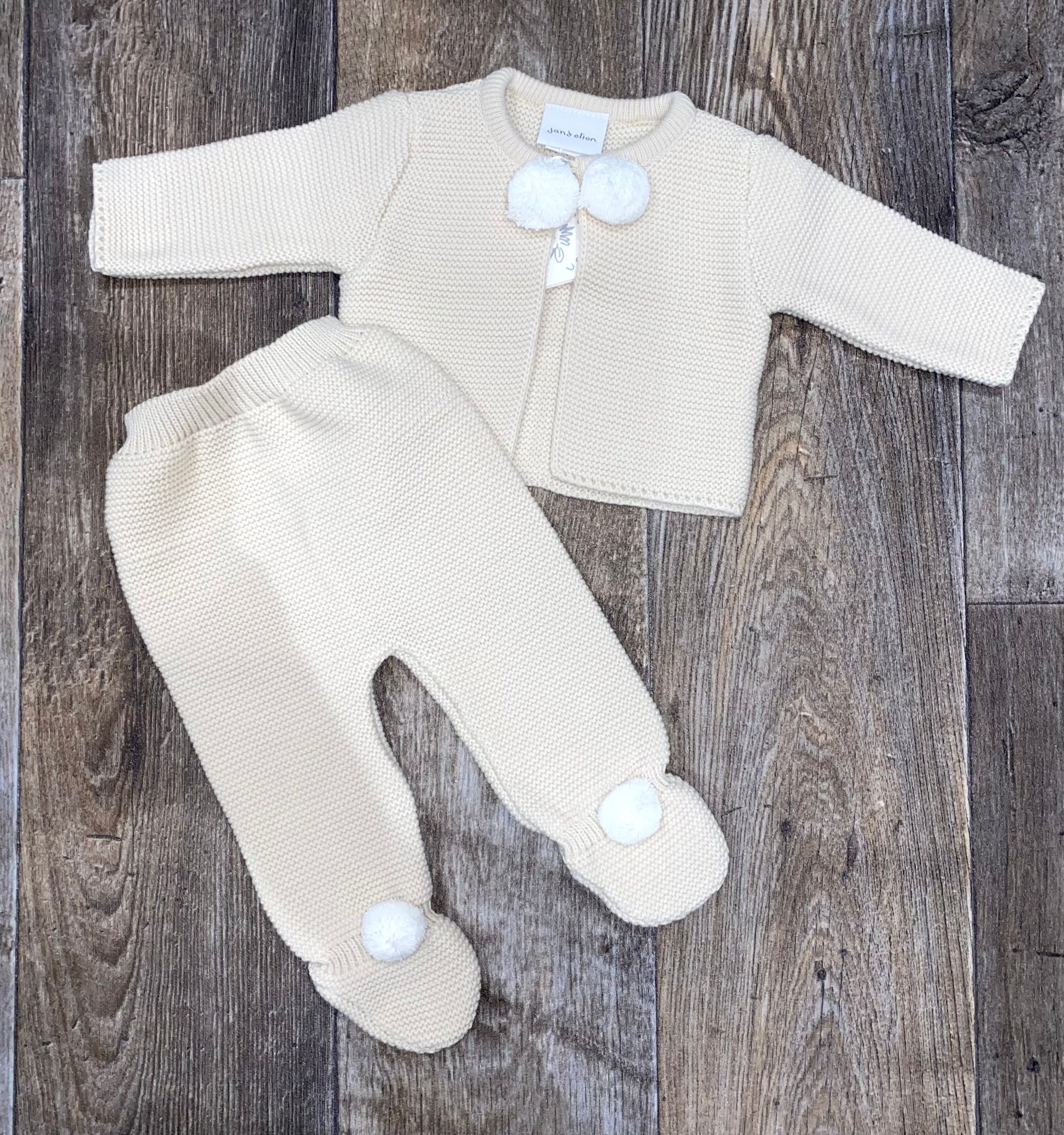 dandelion baby knitted pom pom trouser set