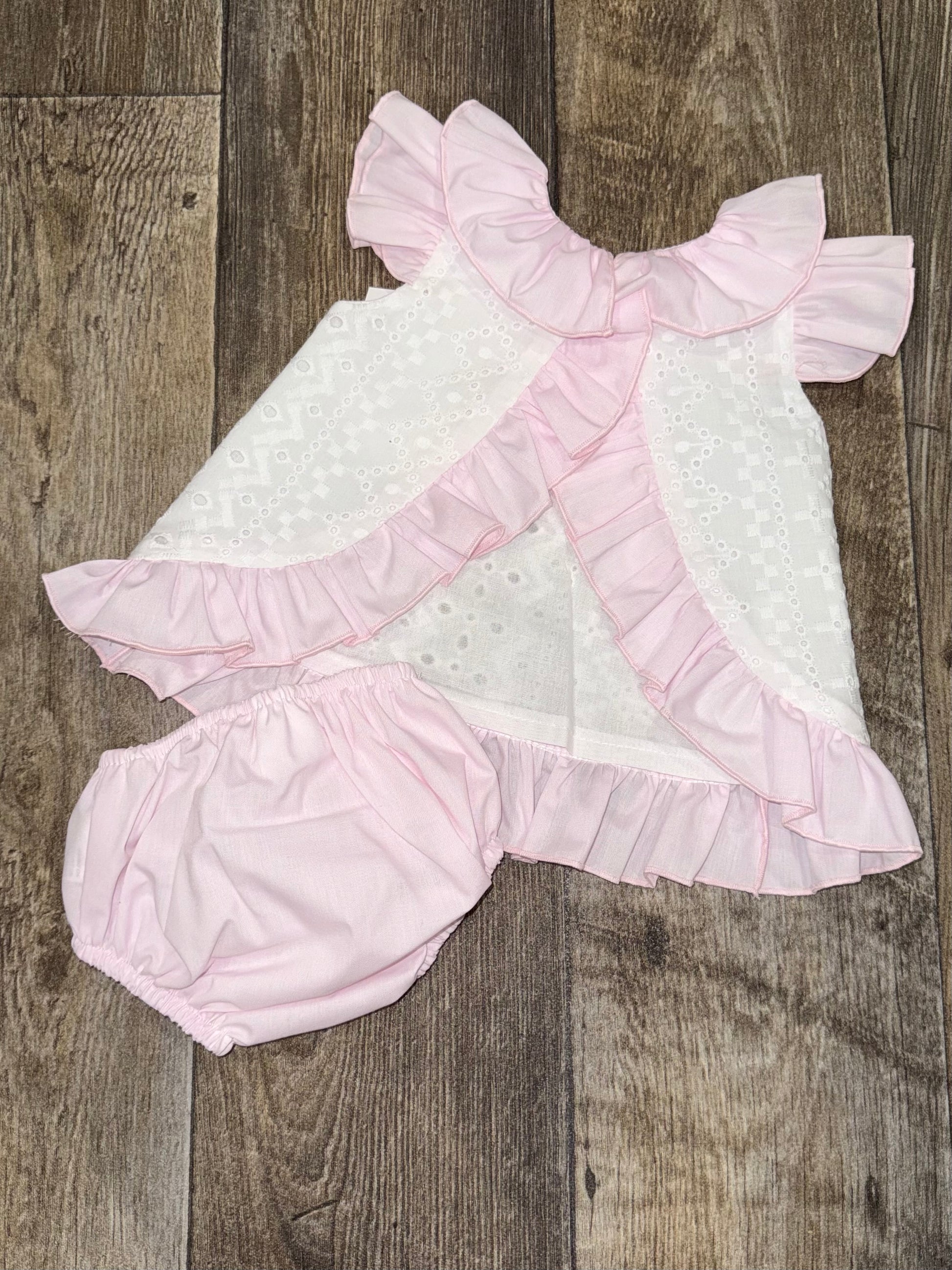 wee me girls white dress with pink ruffle back detail