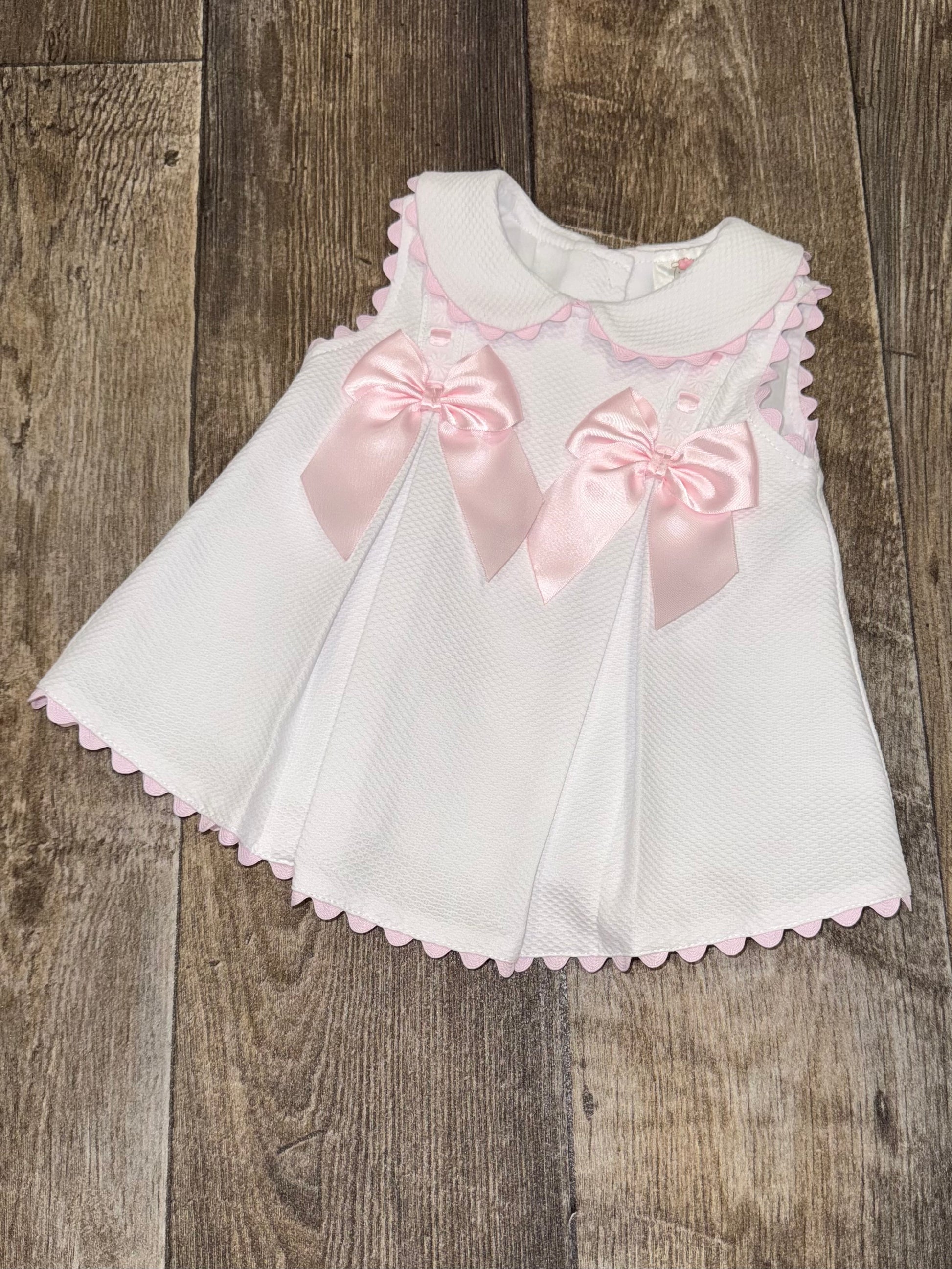Wee me white baby girls dress with pink scallop detail